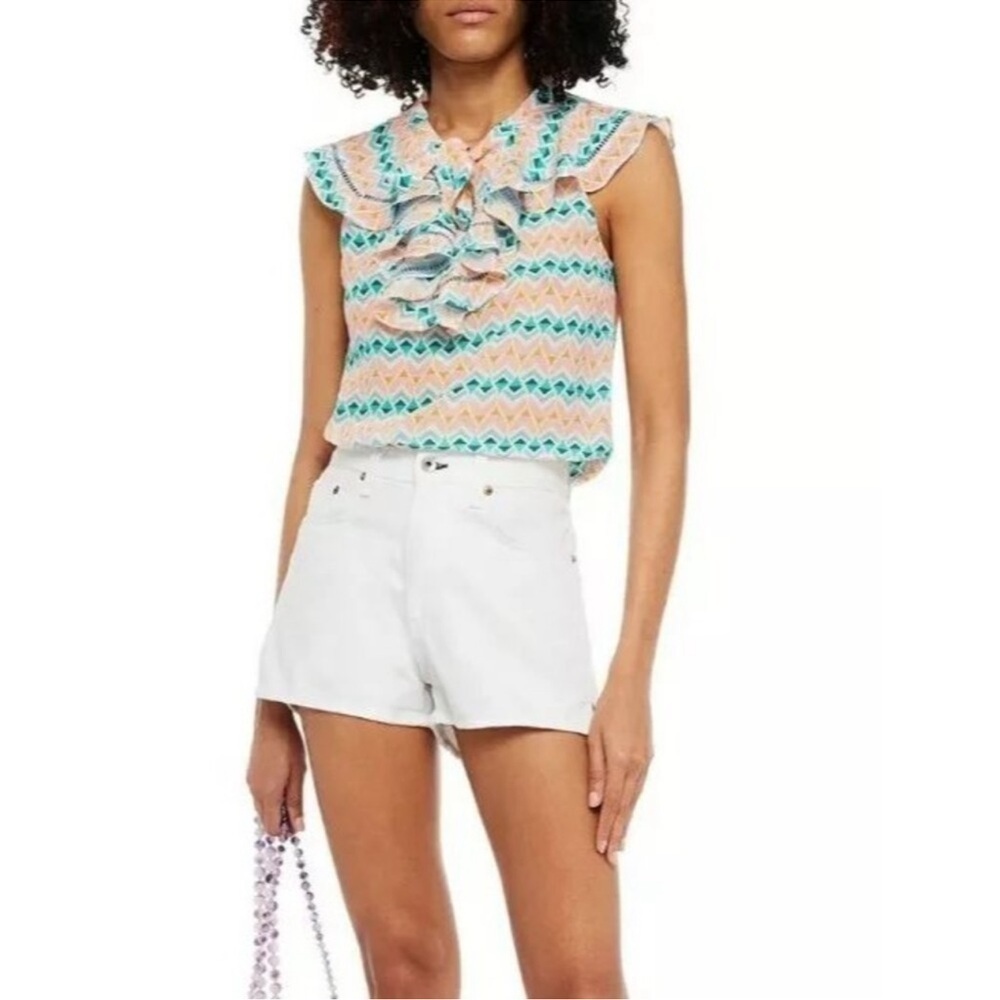 PALOMA BLUE Sophia Ruffled Printed Silk Crepe De Chine Top Medium Semi-Sheer EUC